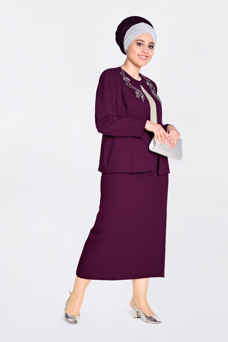 Tesettür giyim BORDO BONCUK TAŞ İŞLEMELİ 3&prime;LÜ ETEKLİ TAKIM 3429E