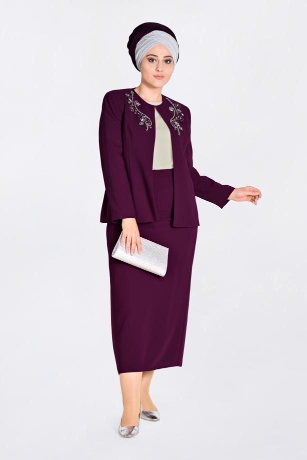 Hijab clothing CLARET RED T 3429E Alvina Maral 5958 3′lü Etekli Takım - TRENDTESETTÜR