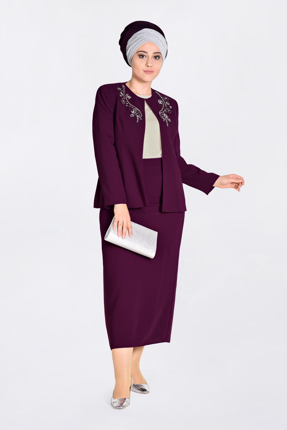 Tesettür giyim BORDO BONCUK TAŞ İŞLEMELİ 3&prime;LÜ ETEKLİ TAKIM 3429E