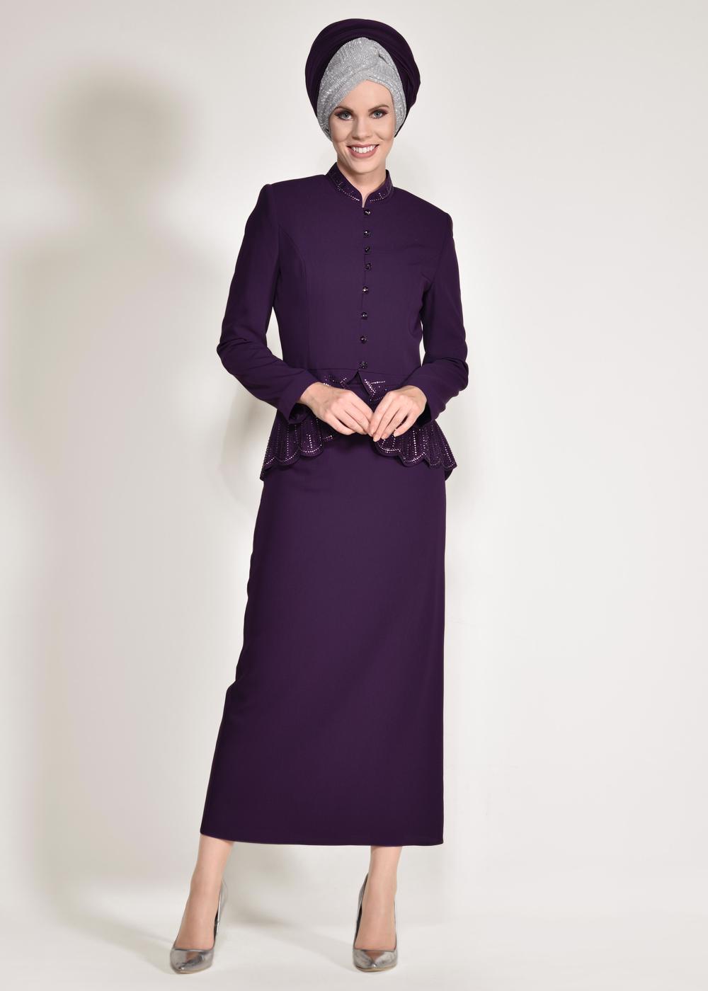 Tesettür giyim MOR HAKİM YAKA 2&prime;Lİ ETEKLİ TAKIM 3433