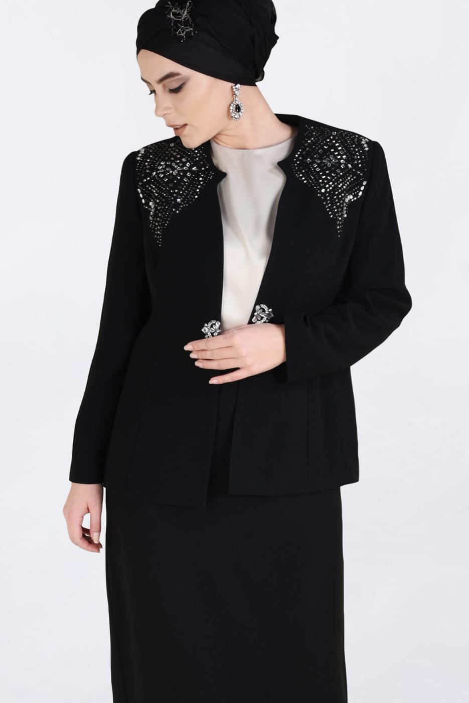 Tesettür giyim SİYAH TAŞ BASKILI 3′LÜ ETEKLİ TAKIM 3438E