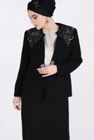 Tesettür giyim SİYAH TAŞ BASKILI 3′LÜ ETEKLİ TAKIM 3438E