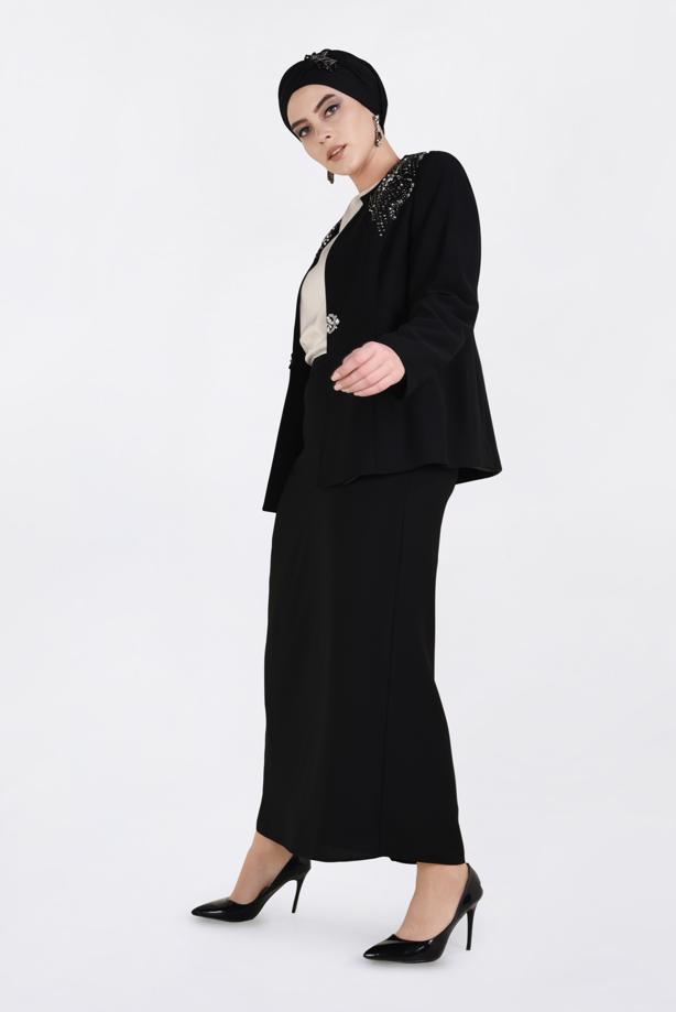 Hijab clothing BLACK T 3438E Alvina Maral 5985 3′lü Etekli Takım - TRENDTESETTÜR
