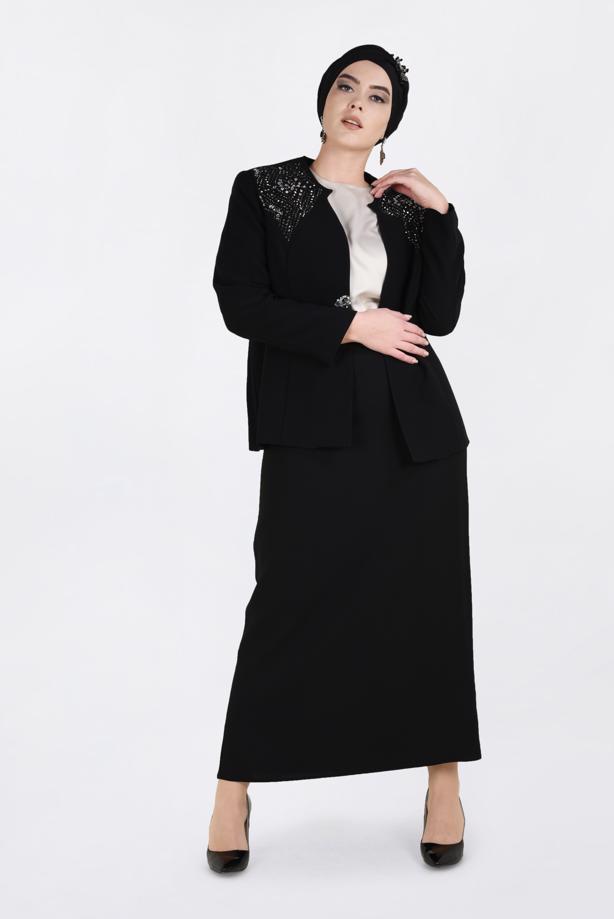 Hijab clothing BLACK T 3438E Alvina Maral 5985 3′lü Etekli Takım - TRENDTESETTÜR