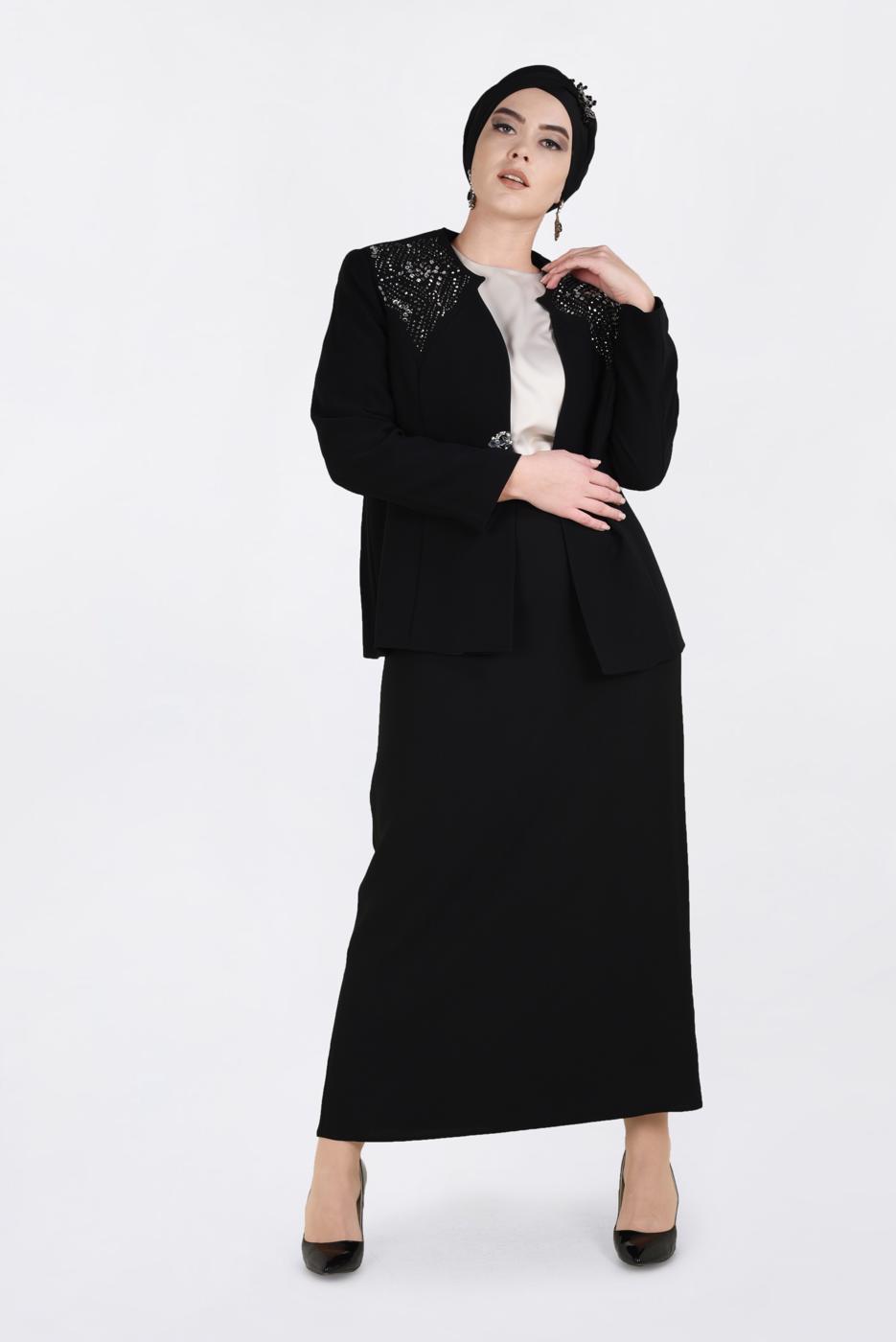 Tesettür giyim SİYAH TAŞ BASKILI 3′LÜ ETEKLİ TAKIM 3438E