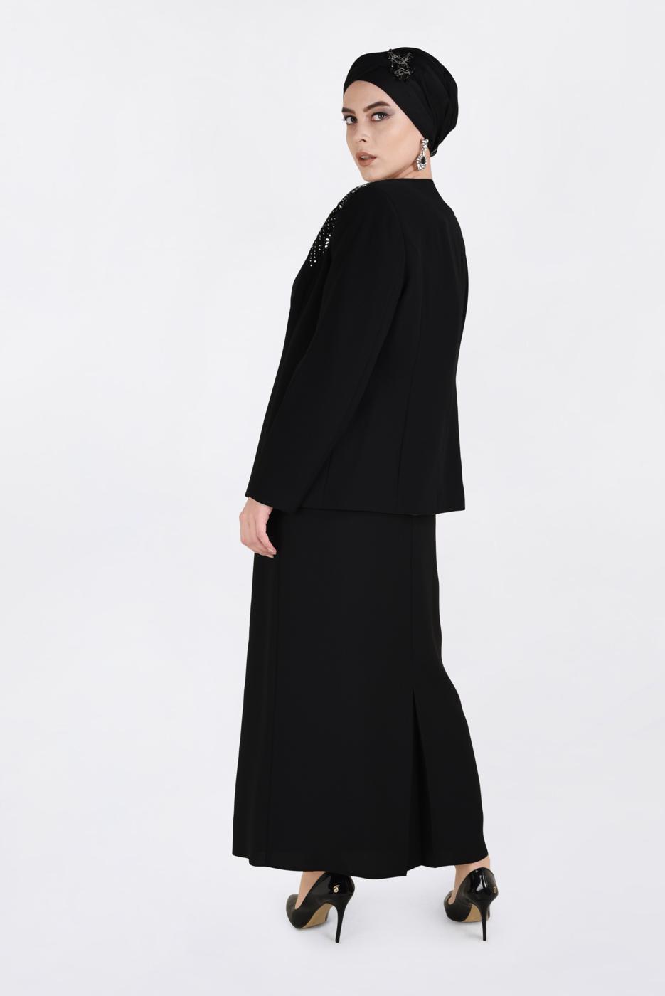 Tesettür giyim SİYAH TAŞ BASKILI 3′LÜ ETEKLİ TAKIM 3438E