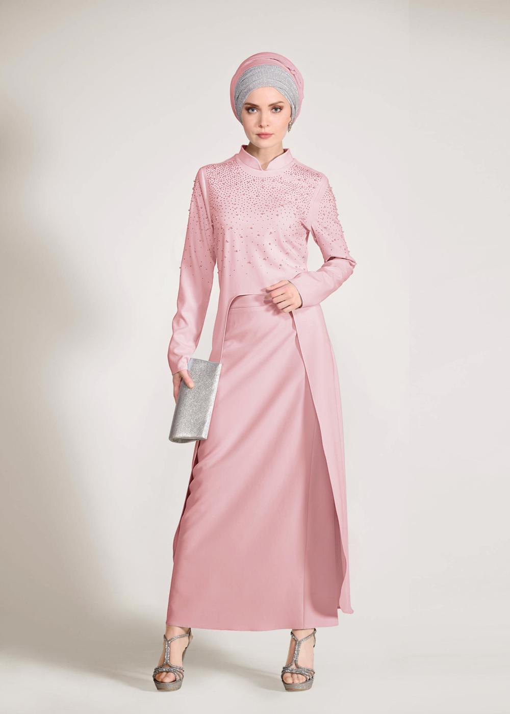 Tesettür giyim PUDRA HAKİM YAKA TAŞ VE BONCUK DETAYLI 2&prime;Lİ ETEKLİ TAKIM 3456