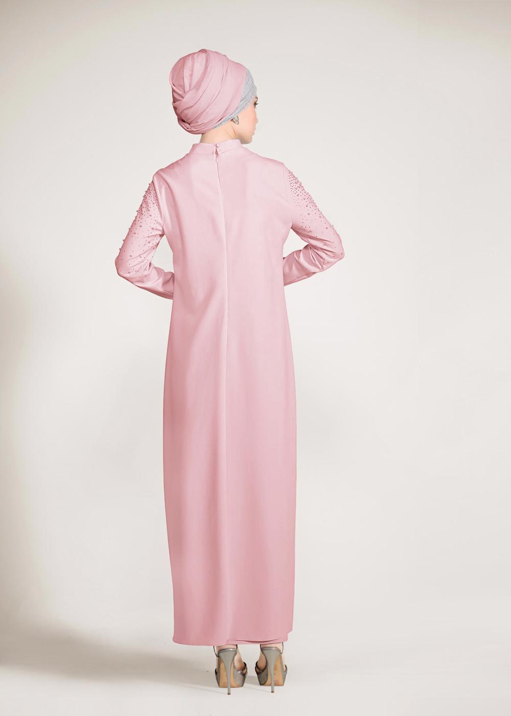 Tesettür giyim PUDRA HAKİM YAKA TAŞ VE BONCUK DETAYLI 2&prime;Lİ ETEKLİ TAKIM 3456
