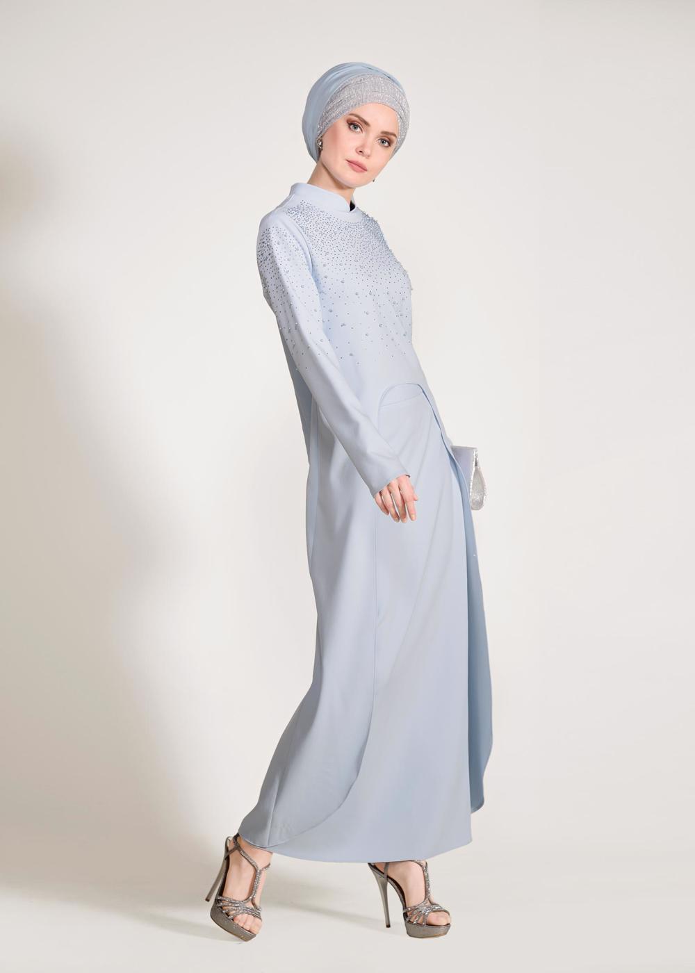 Tesettür giyim MAVİ HAKİM YAKA TAŞ VE BONCUK DETAYLI 2&prime;Lİ ETEKLİ TAKIM 3456