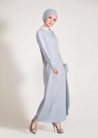 Tesettür giyim MAVİ HAKİM YAKA TAŞ VE BONCUK DETAYLI 2&prime;Lİ ETEKLİ TAKIM 3456