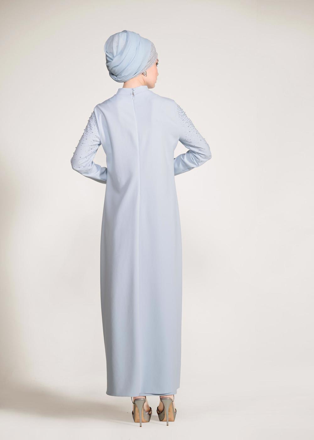 Tesettür giyim MAVİ HAKİM YAKA TAŞ VE BONCUK DETAYLI 2&prime;Lİ ETEKLİ TAKIM 3456