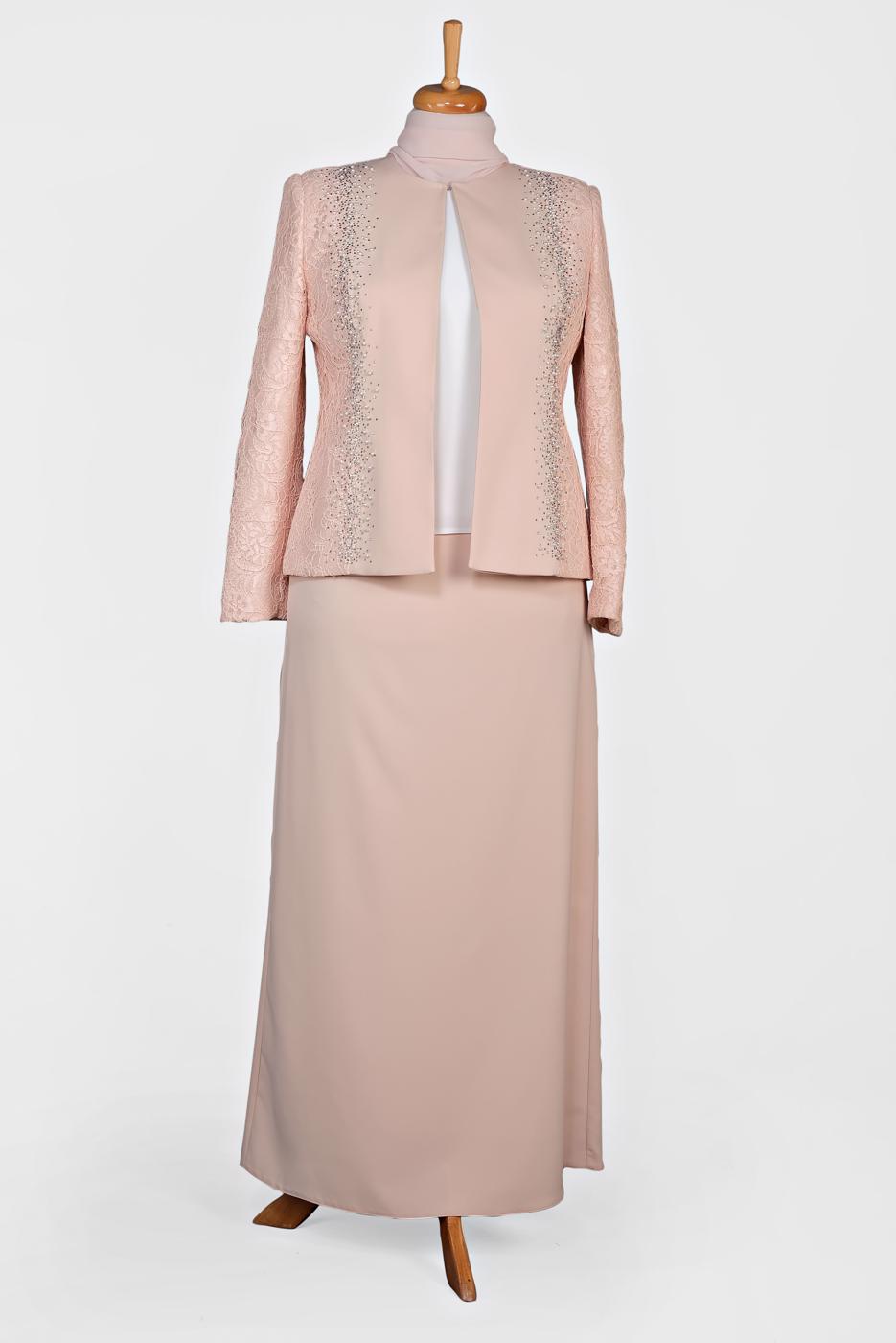 Tesettür giyim PUDRA GÜPÜRLÜ BONCUK DETAYLI 3′LÜ ETEKLİ TAKIM 3458E 