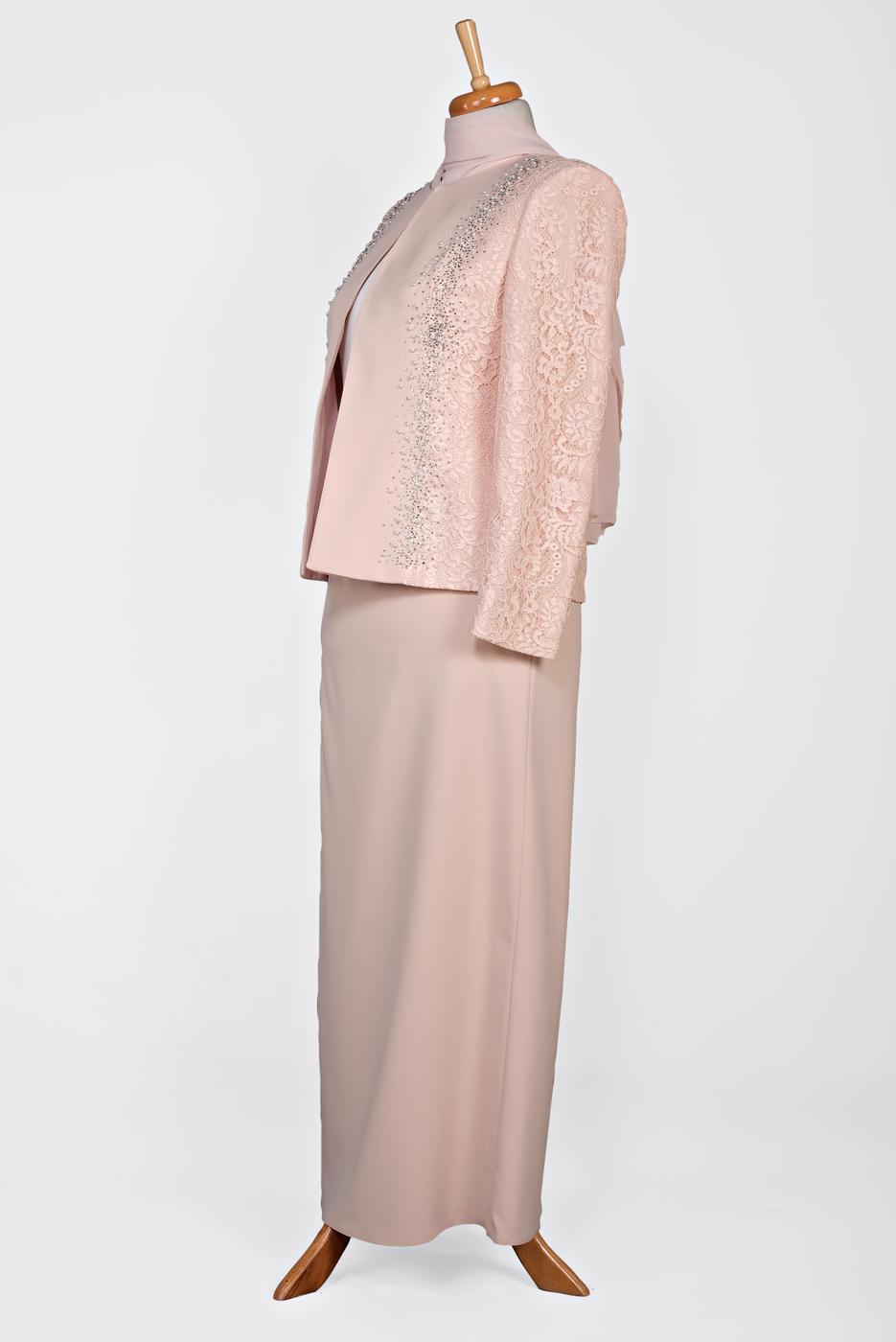 Tesettür giyim PUDRA GÜPÜRLÜ BONCUK DETAYLI 3&prime;LÜ ETEKLİ TAKIM 3458E 