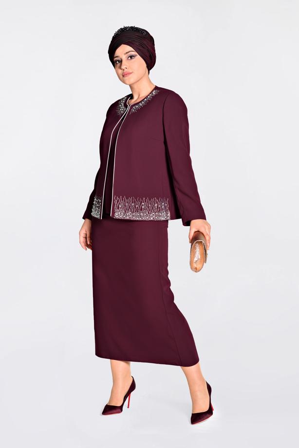 Tesettür giyim BORDO BİYELİ TAŞ DETAYLI 2′Lİ ELBİSELİ TAKIM 3466E - TRENDTESETTÜR