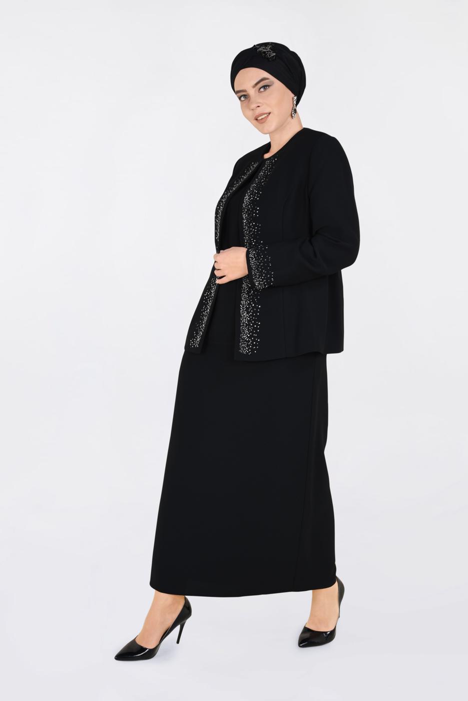 Tesettür giyim SİYAH TAŞ DETAYLI BİSİKLET YAKA 2′Lİ ELBİSELİ TAKIM 3467E