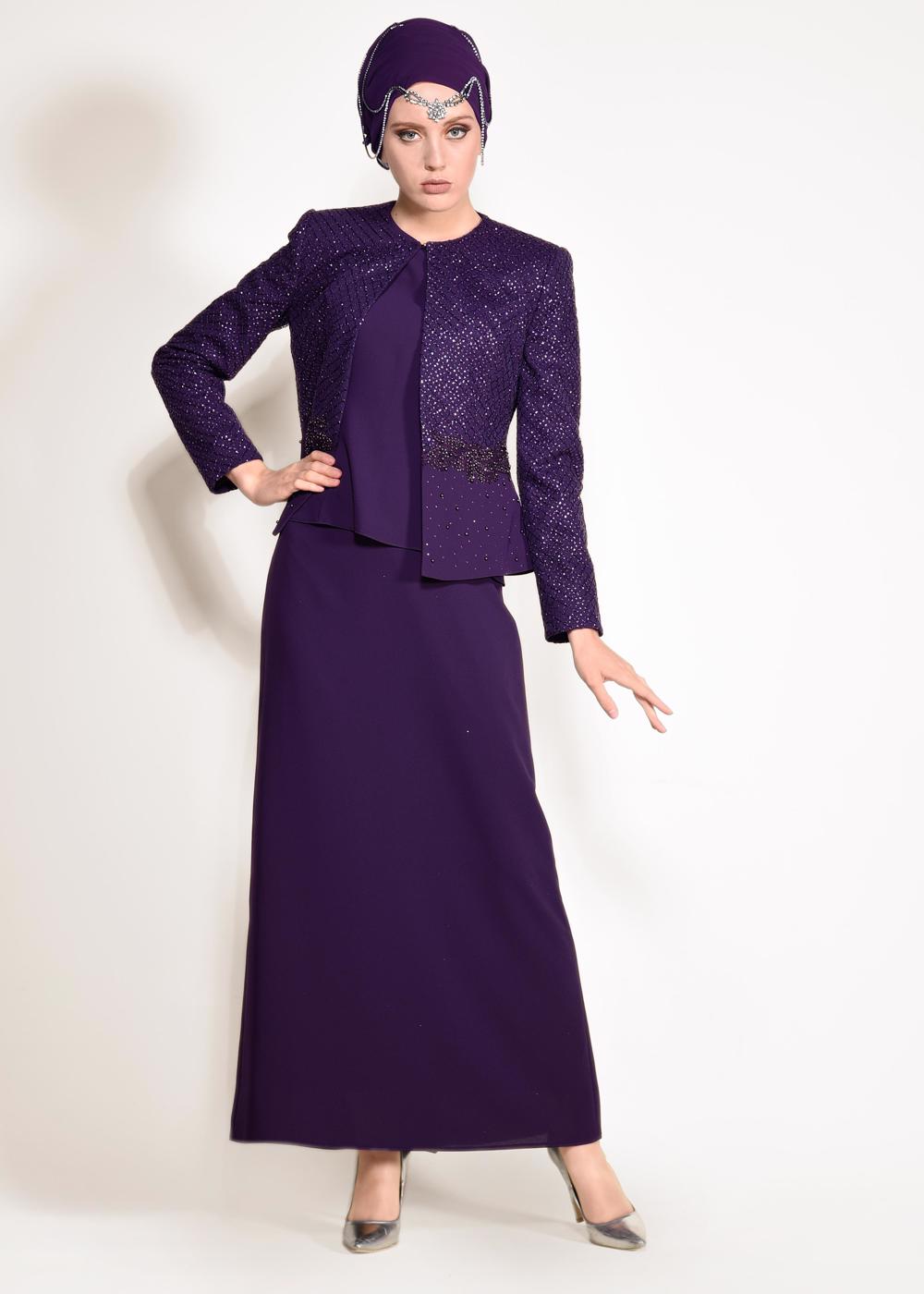 Tesettür giyim MOR TAŞLI 3′LÜ ETEKLİ TAKIM 3470