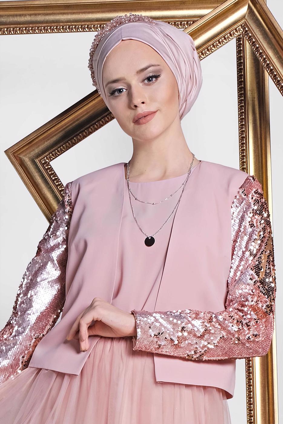 Tesettür giyim PUDRA ALVİNA KREP ÜÇLÜ ETEKLİ TAKIM T 3540
