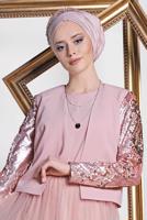 Tesettür giyim PUDRA ALVİNA KREP ÜÇLÜ ETEKLİ TAKIM T 3540