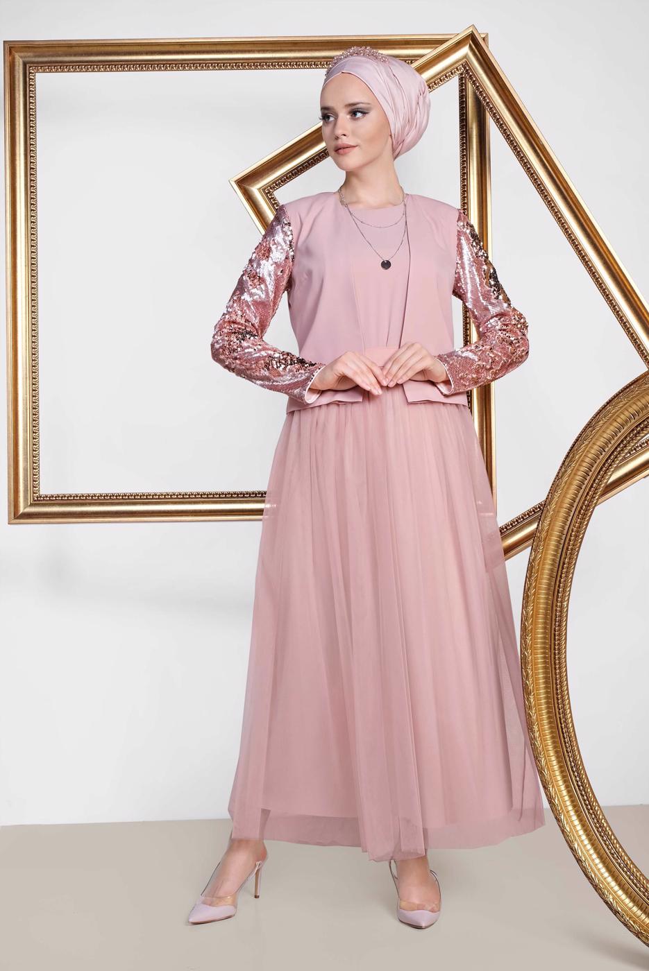 Tesettür giyim PUDRA ALVİNA KREP ÜÇLÜ ETEKLİ TAKIM T 3540