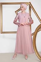 Tesettür giyim PUDRA ALVİNA KREP ÜÇLÜ ETEKLİ TAKIM T 3540