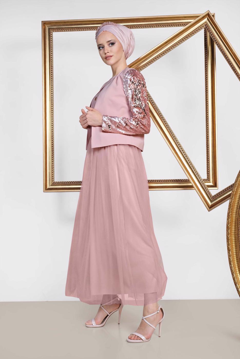Tesettür giyim PUDRA ALVİNA KREP ÜÇLÜ ETEKLİ TAKIM T 3540
