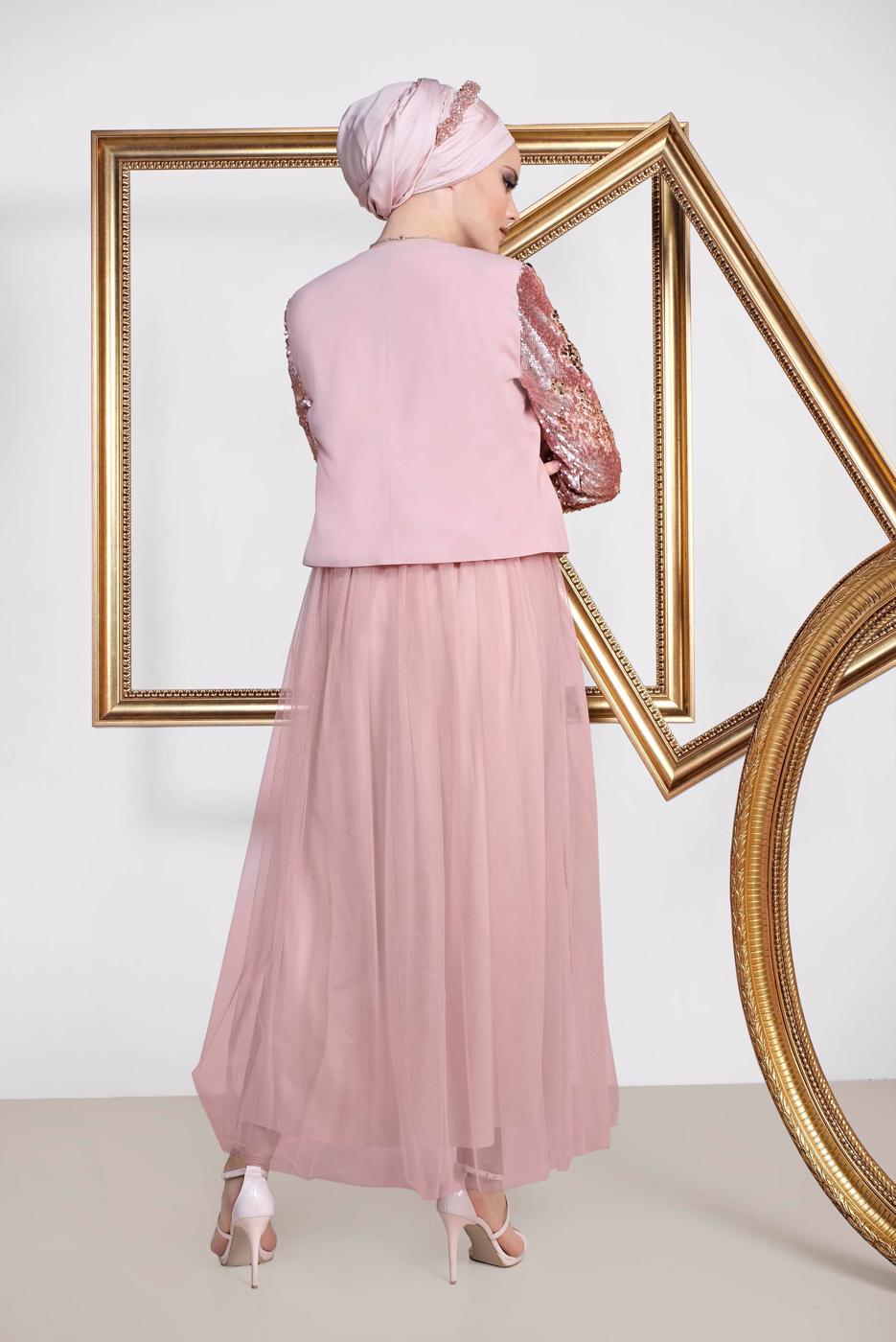 Tesettür giyim PUDRA ALVİNA KREP ÜÇLÜ ETEKLİ TAKIM T 3540