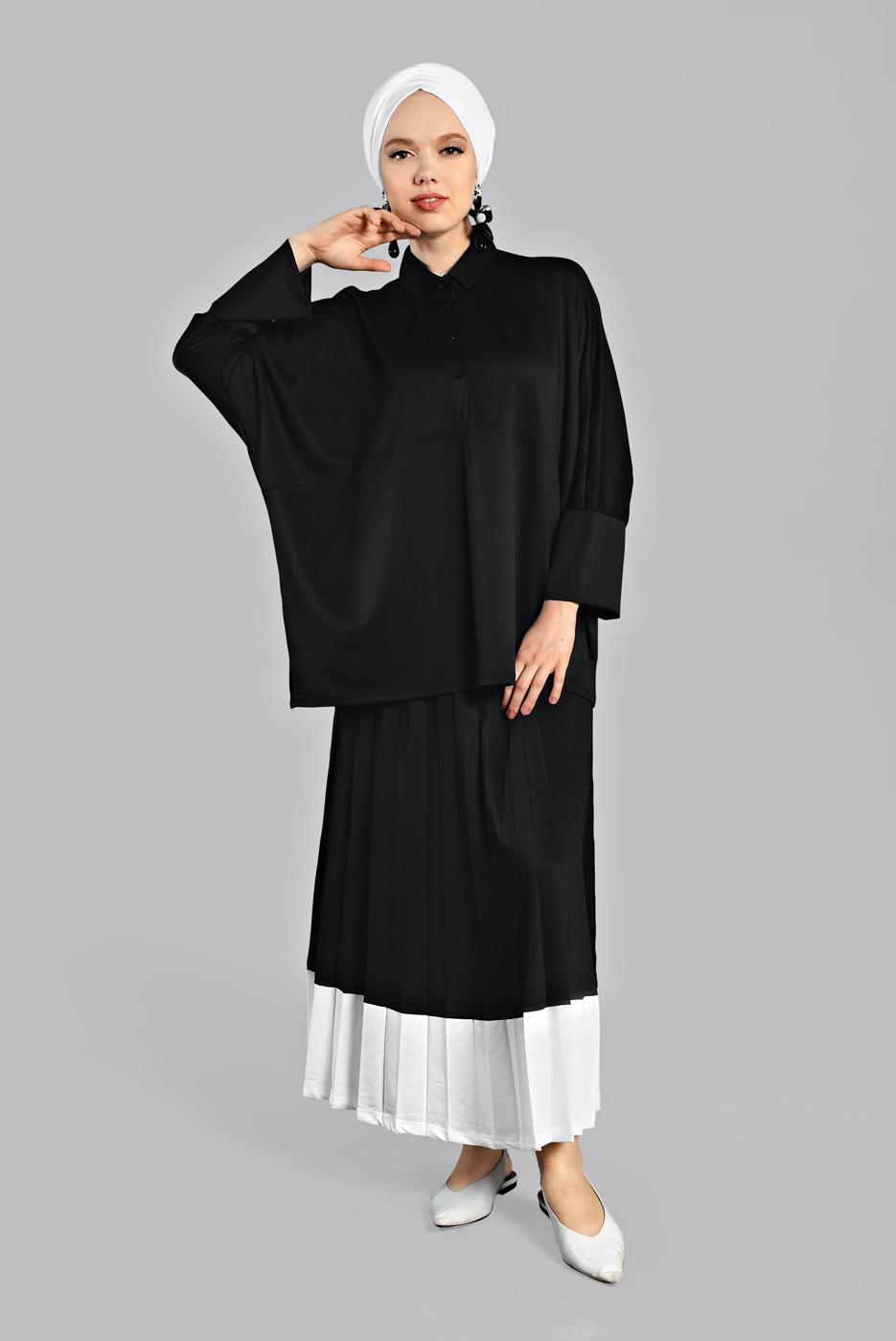 Tesettür giyim SİYAH YARASA KOL PİLİSELİ 2&prime;Lİ ETEKLİ TAKIM 6556 