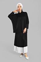 Tesettür giyim SİYAH YARASA KOL PİLİSELİ 2&prime;Lİ ETEKLİ TAKIM 6556 