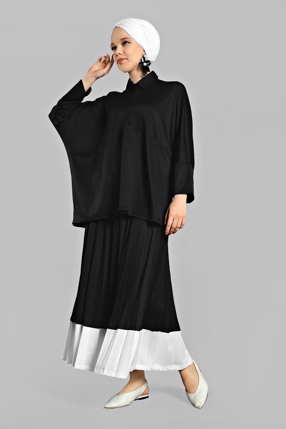 Tesettür giyim SİYAH YARASA KOL PİLİSELİ 2&prime;Lİ ETEKLİ TAKIM 6556 