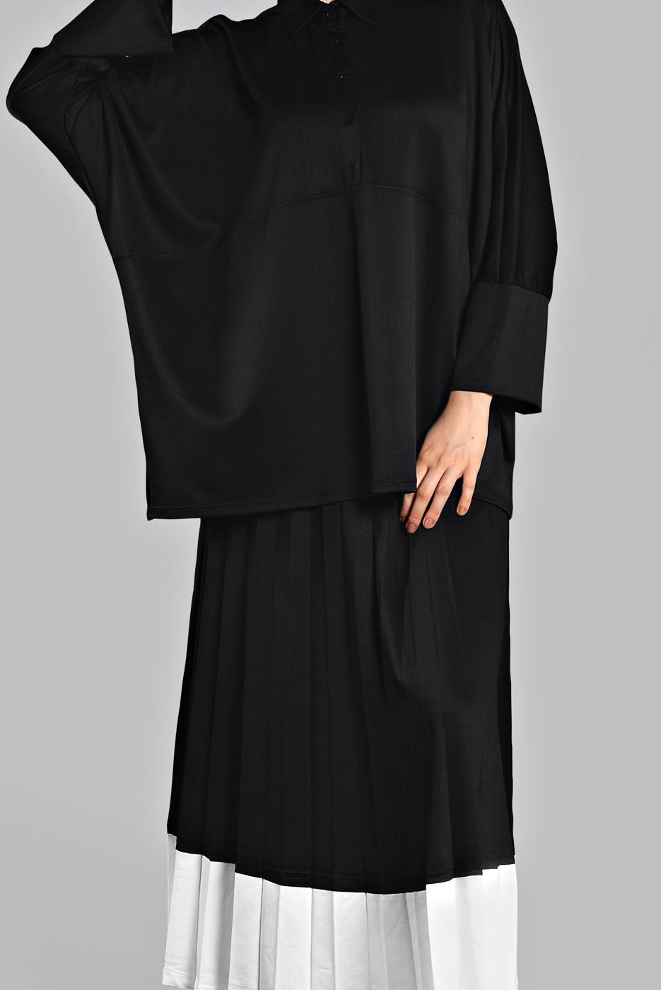 Tesettür giyim SİYAH YARASA KOL PİLİSELİ 2&prime;Lİ ETEKLİ TAKIM 6556 