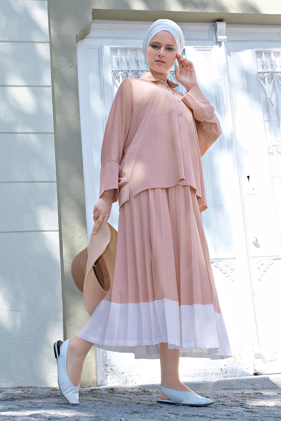 Tesettür giyim PEMBE YARASA KOL PİLİSELİ 2&prime;Lİ ETEKLİ TAKIM 6556 