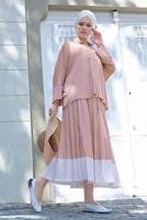 Tesettür giyim PEMBE YARASA KOL PİLİSELİ 2&prime;Lİ ETEKLİ TAKIM 6556 
