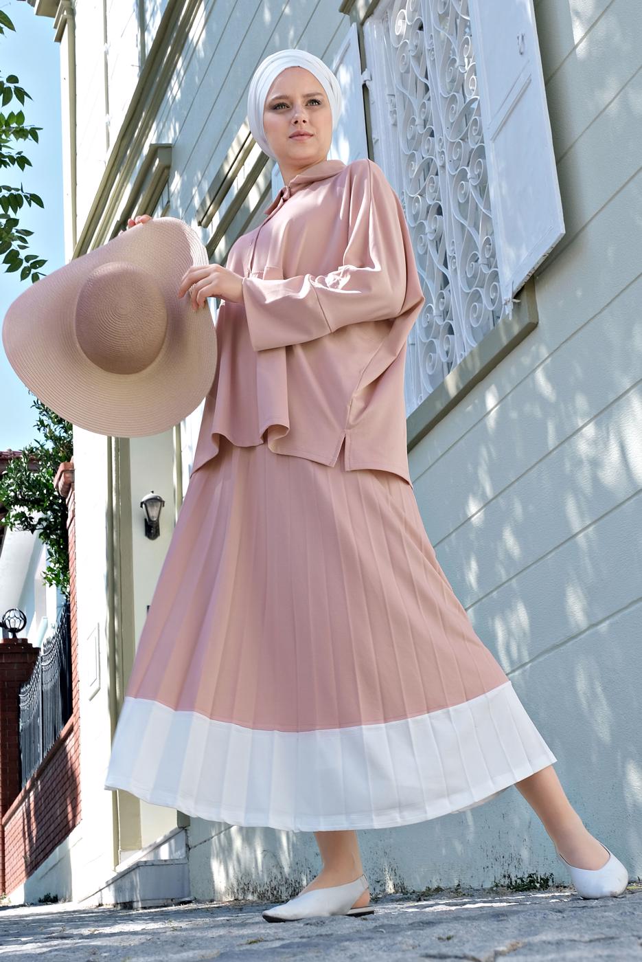 Tesettür giyim PEMBE YARASA KOL PİLİSELİ 2&prime;Lİ ETEKLİ TAKIM 6556 