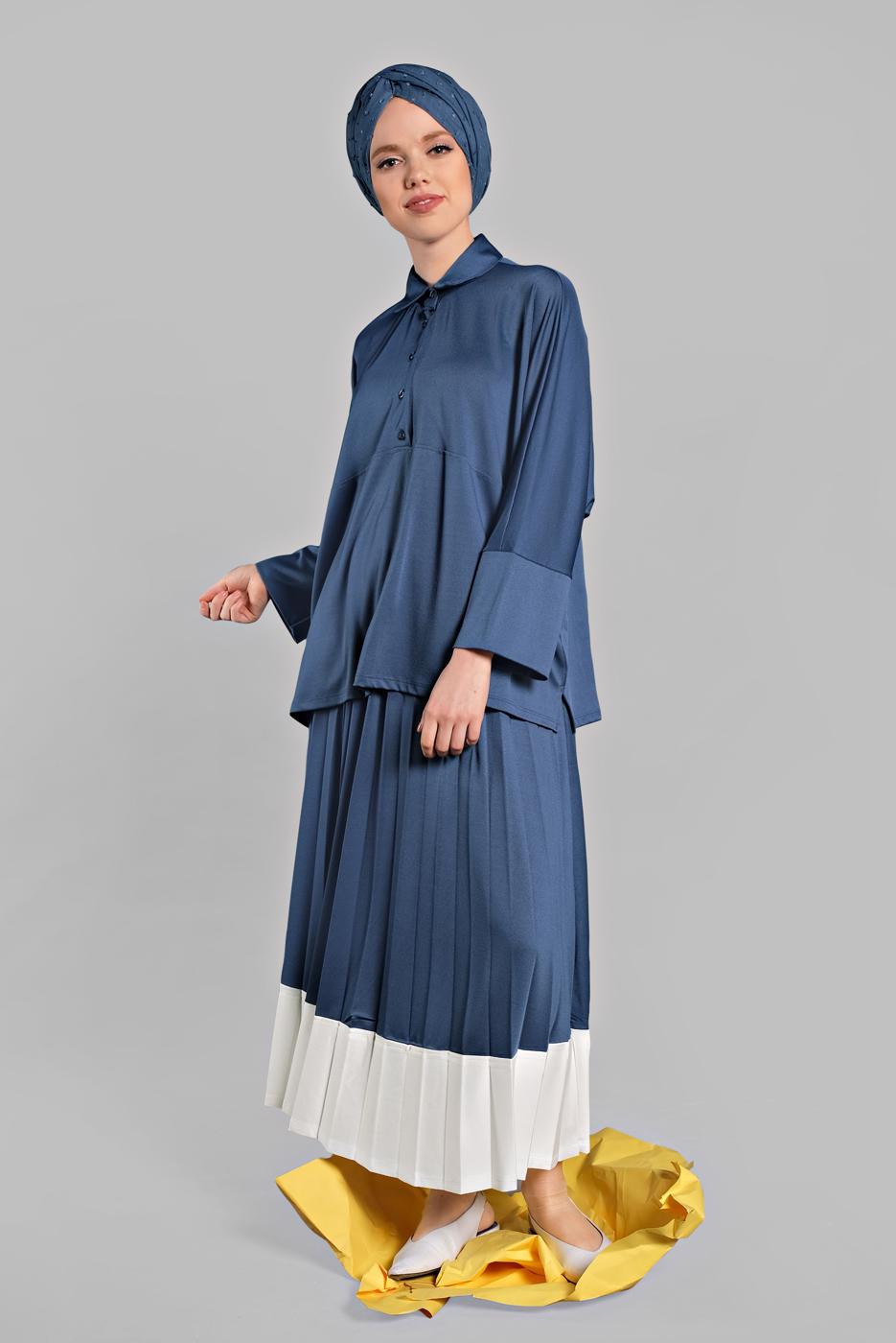 Tesettür giyim LACİVERT YARASA KOL PİLİSELİ 2&prime;Lİ ETEKLİ TAKIM 6556 