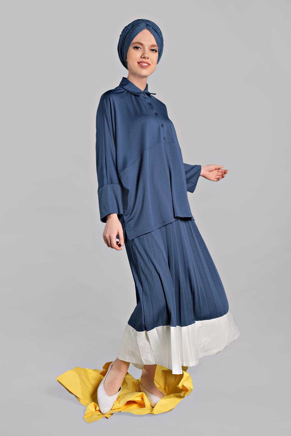 Tesettür giyim LACİVERT YARASA KOL PİLİSELİ 2&prime;Lİ ETEKLİ TAKIM 6556 