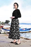 Tesettür giyim SİYAH FLORAL DESENLİ PİLİSELİ ETEKLİ TAKIM T 7226