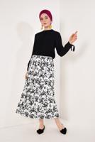 Tesettür giyim KREM FLORAL DESENLİ PİLİSELİ ETEKLİ TAKIM T 7226