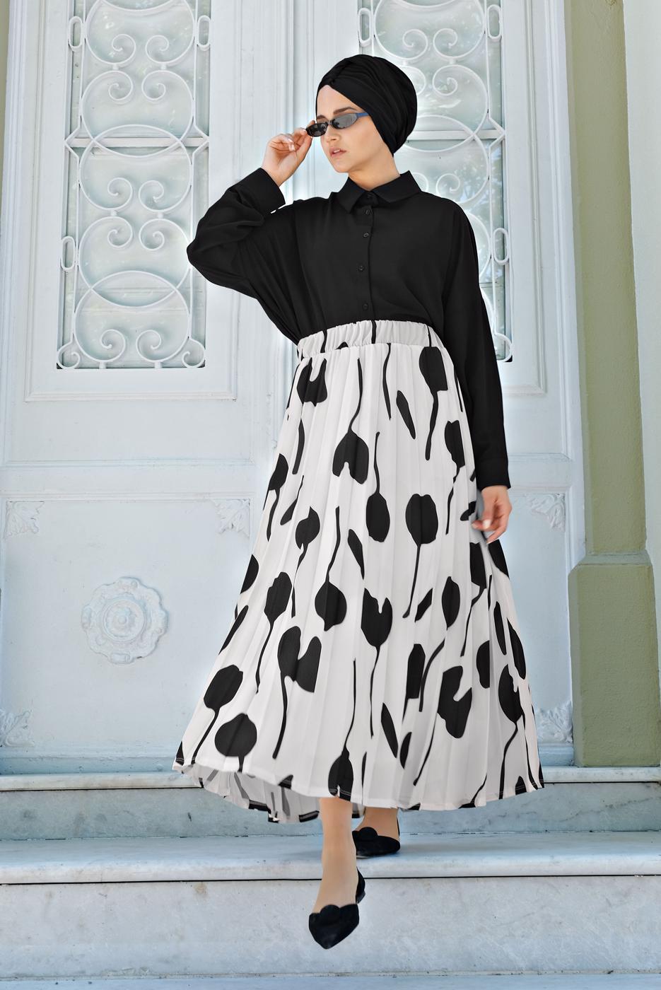 Tesettür giyim SİYAH BELİ LASTİKLİ PİLİSELİ 2&prime;Lİ ETEKLİ TAKIM  7366