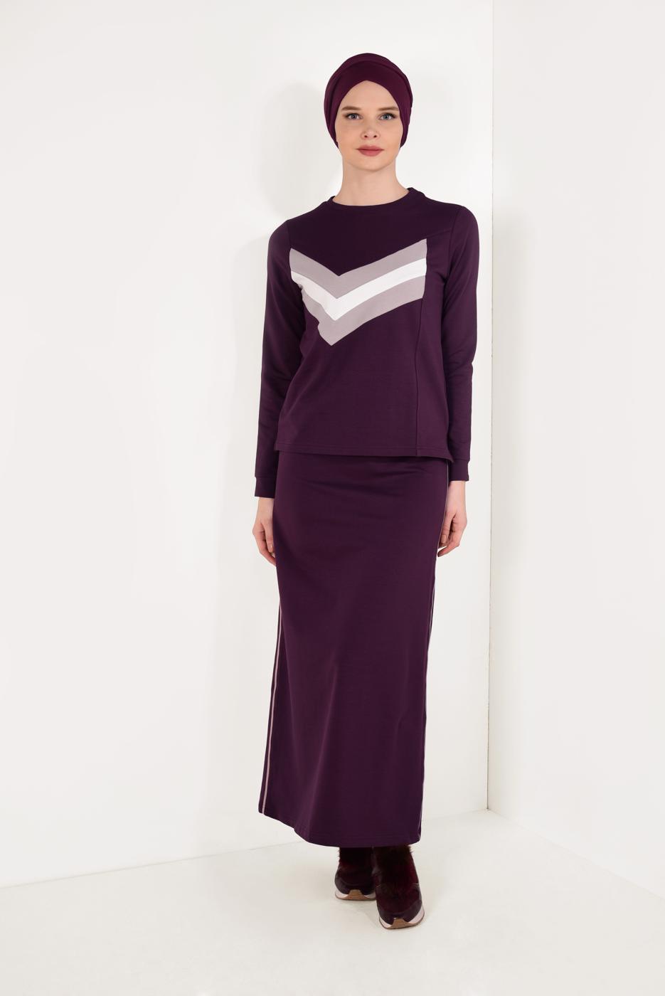 Tesettür giyim MÜRDÜM BASKILI ETEKLİ EŞOFMAN TAKIMI T 8638