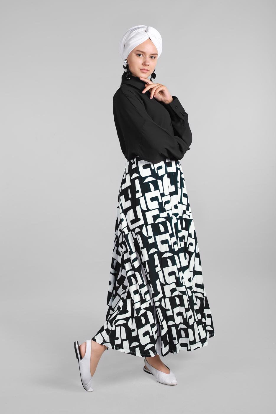Tesettür giyim SİYAH GEOMETRİK DESEN ETEKLİ 2&prime;Lİ ETEKLİ TAKIM 9366