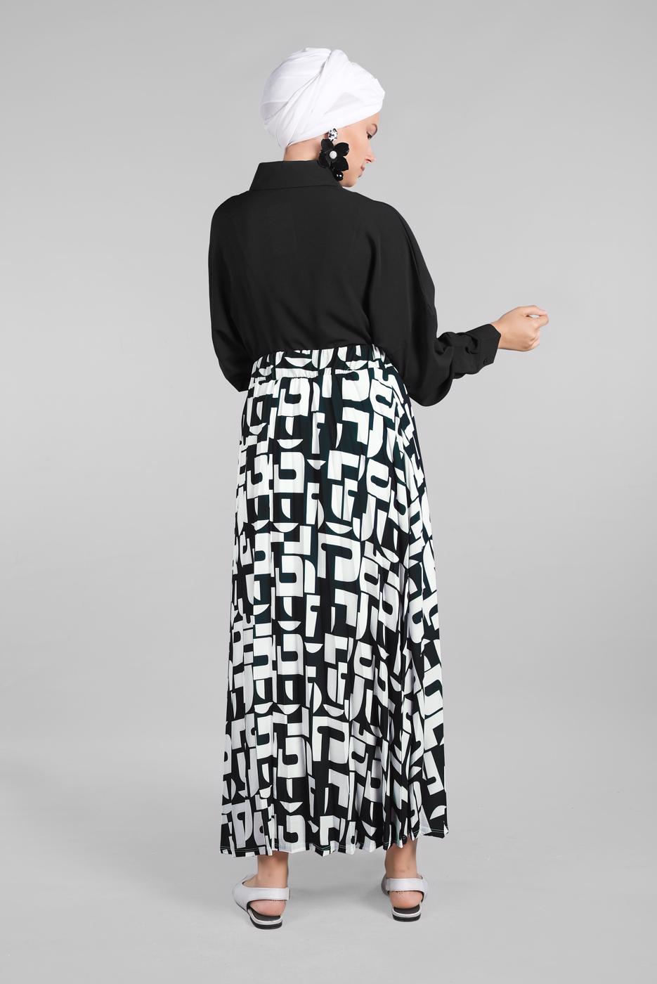 Tesettür giyim SİYAH GEOMETRİK DESEN ETEKLİ 2&prime;Lİ ETEKLİ TAKIM 9366