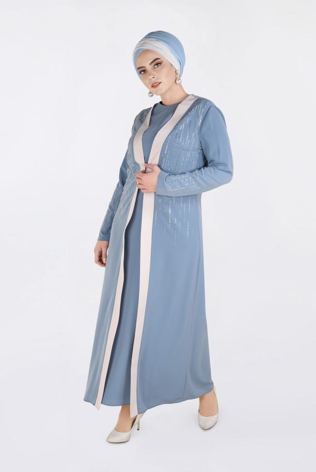 Vêtements hijab BLEU T 3439 Alvina New Loren 2′li Elbiseli Takım - TRENDTESETTÜR