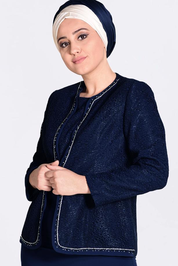 Hijab clothing NAVY BLUE T 3463 Alvina Virona 2′li Elbiseli Takım - TRENDTESETTÜR