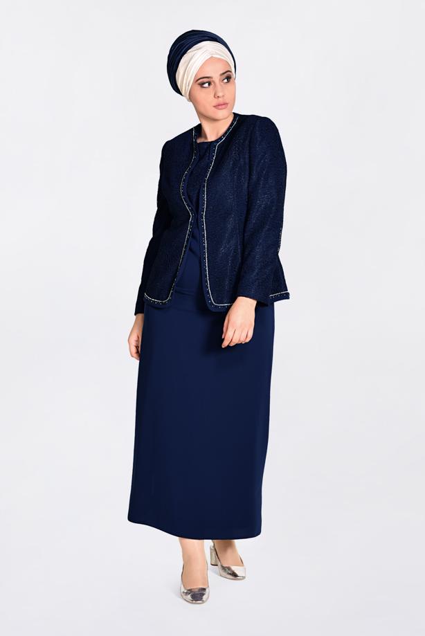 Hijab clothing NAVY BLUE T 3463 Alvina Virona 2′li Elbiseli Takım - TRENDTESETTÜR