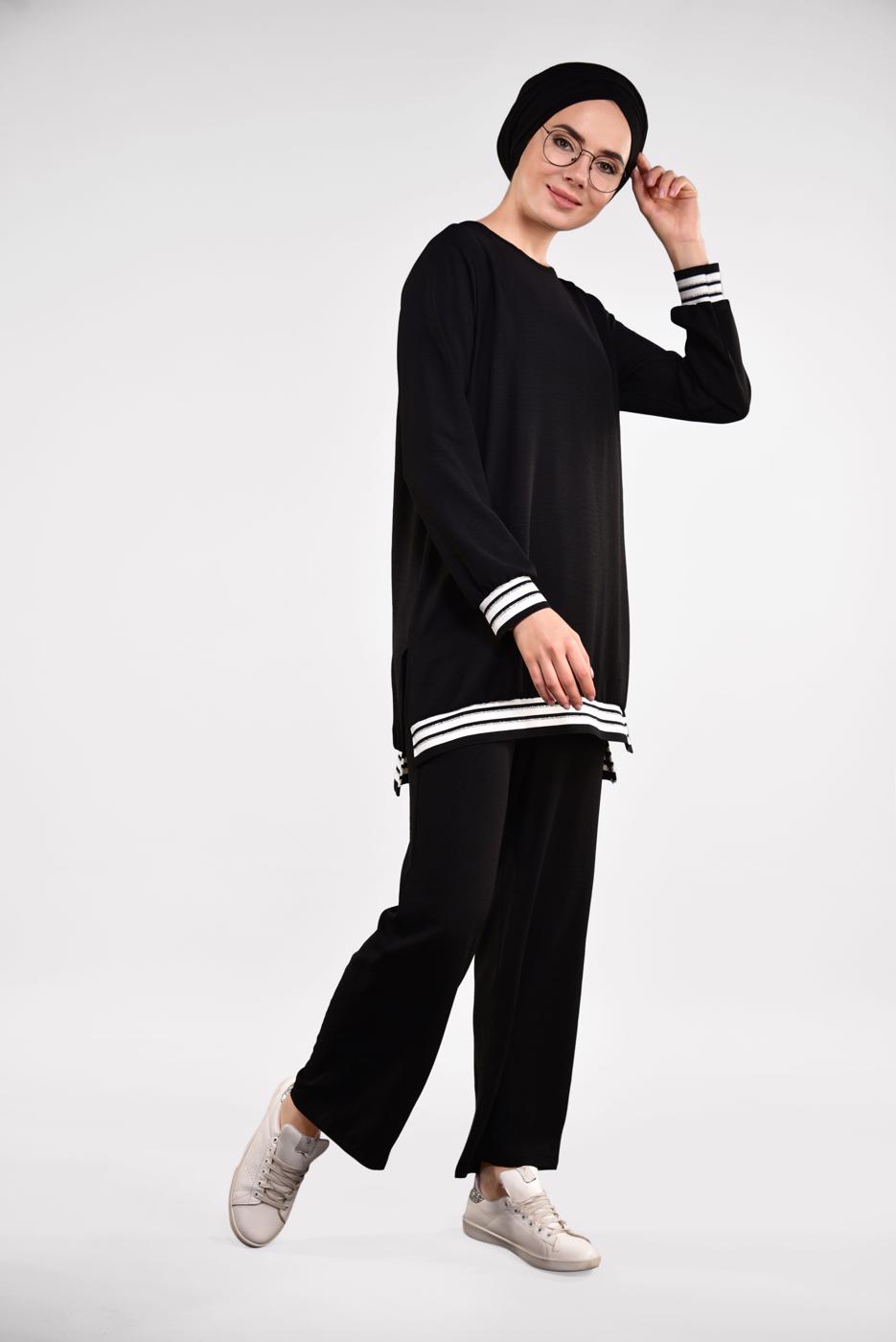 Tesettür giyim SİYAH SİM DETAYLI ŞERİTLİ 2&prime;Lİ PANTOLONLU TAKIM 44681