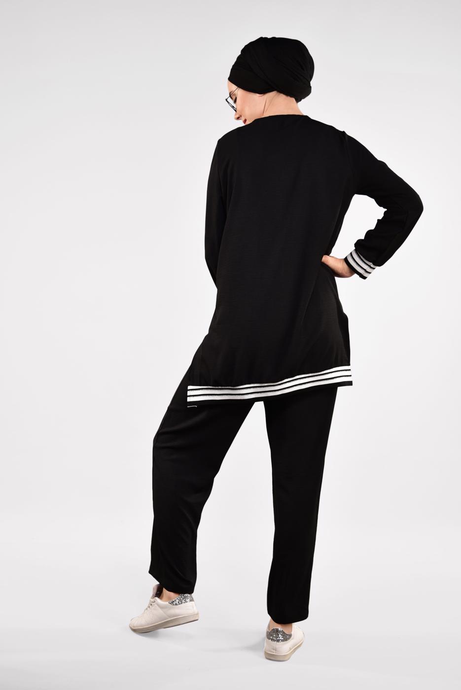 Tesettür giyim SİYAH SİM DETAYLI ŞERİTLİ 2&prime;Lİ PANTOLONLU TAKIM 44681