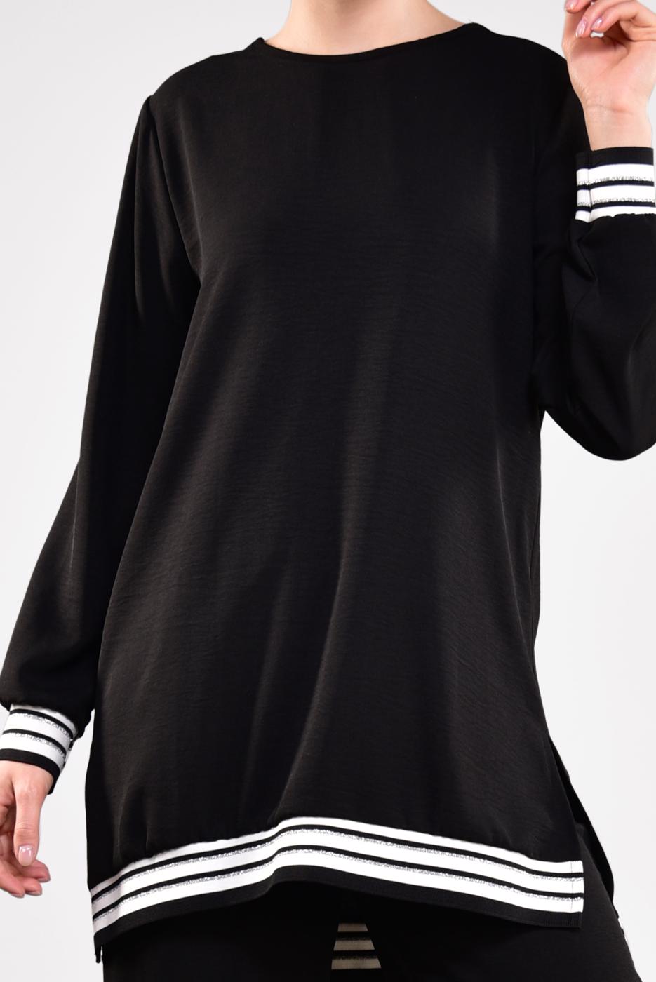 Tesettür giyim SİYAH SİM DETAYLI ŞERİTLİ 2&prime;Lİ PANTOLONLU TAKIM 44681