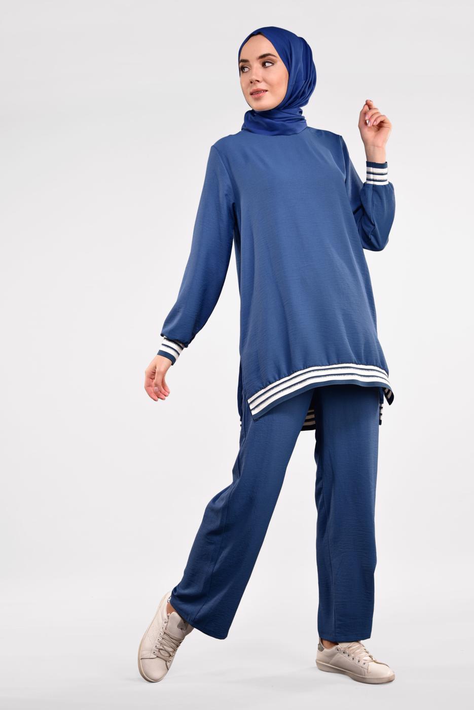 Tesettür giyim LACİVERT SİM DETAYLI ŞERİTLİ 2&prime;Lİ PANTOLONLU TAKIM 44681
