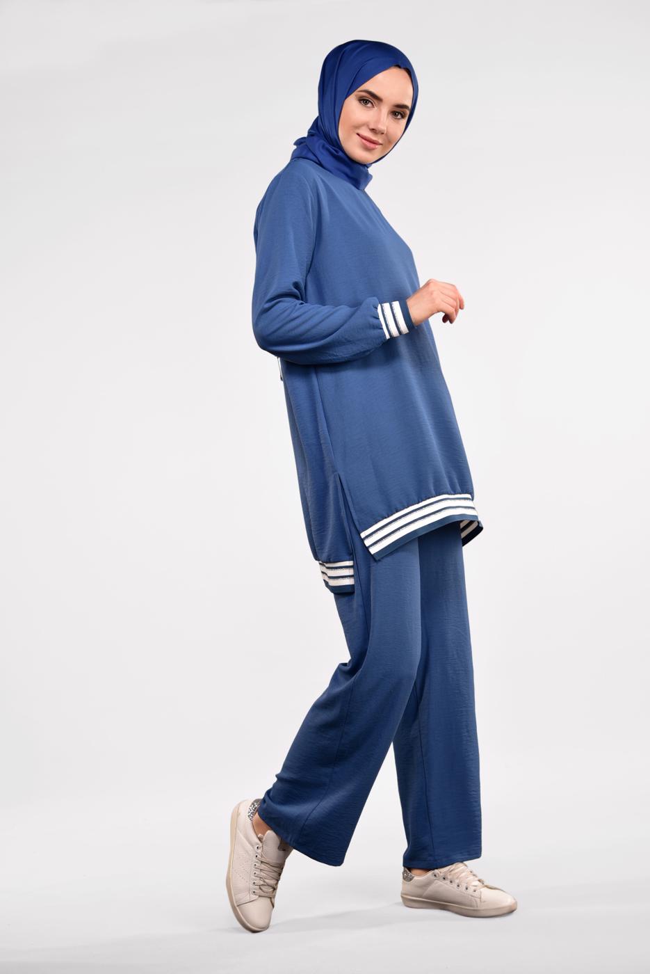 Tesettür giyim LACİVERT SİM DETAYLI ŞERİTLİ 2&prime;Lİ PANTOLONLU TAKIM 44681