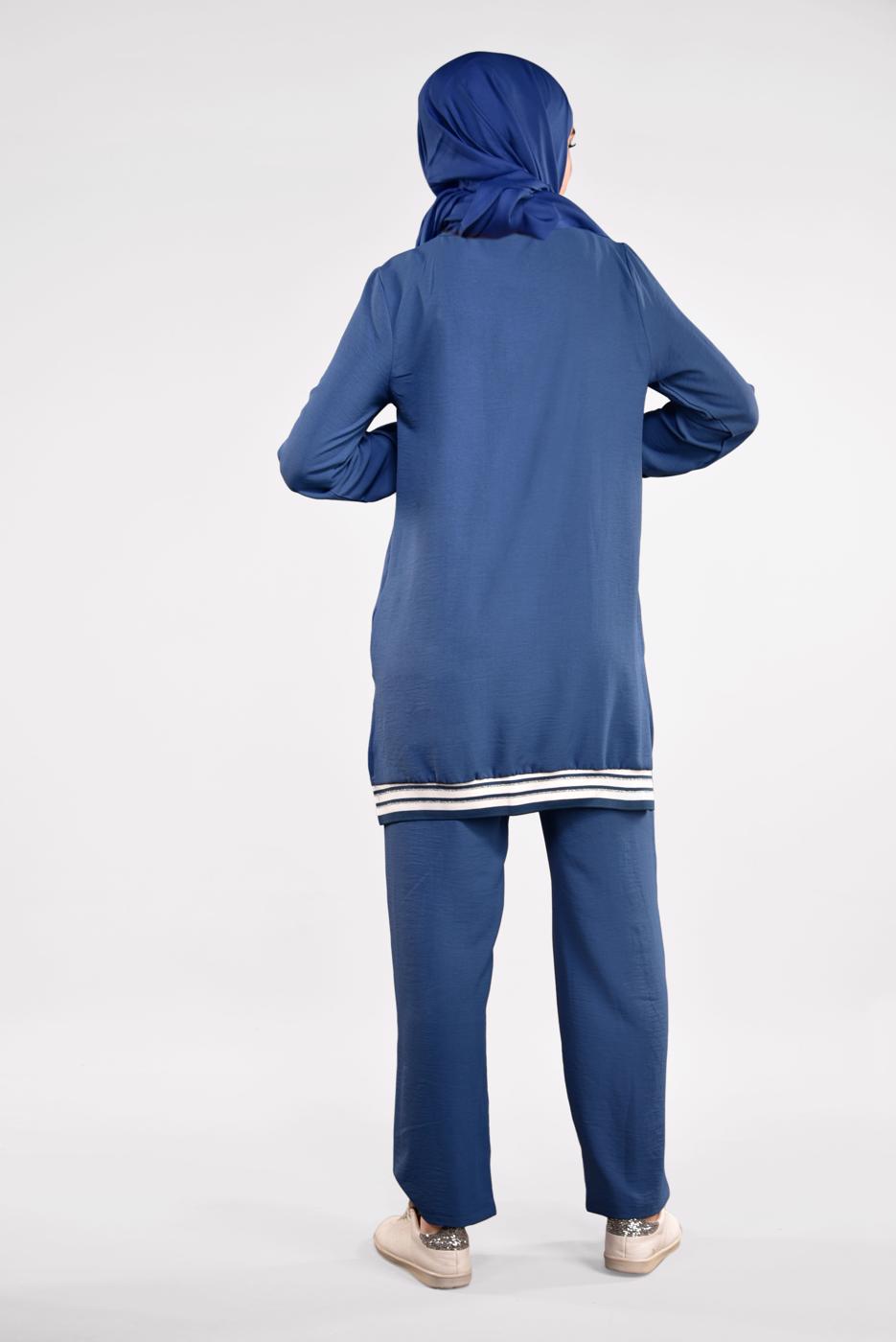 Tesettür giyim LACİVERT SİM DETAYLI ŞERİTLİ 2&prime;Lİ PANTOLONLU TAKIM 44681